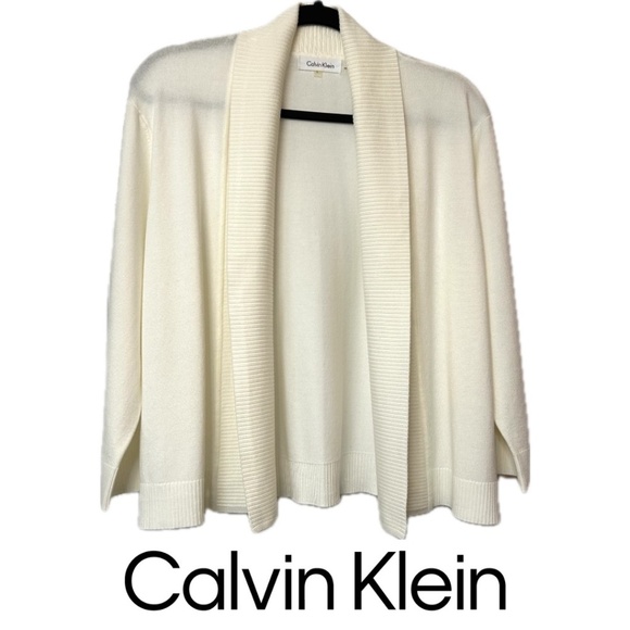 NWOT Calvin Klein Cropped Shawl Collar Open Cardigan 3/4 Sleeve Size L Cream - Picture 1 of 15